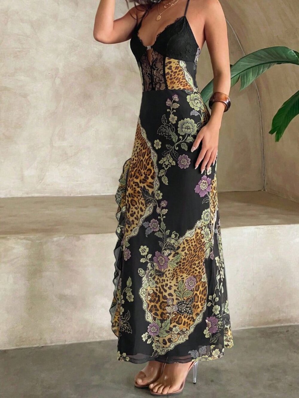 Multicolor Sexy Women's Patchwork Ruffle Hem Slit Dress - Picture 6 of 7